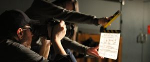 Bruce Sweeney and Nicole Yukiko Sekiya on the set of Mercury Falling, the first feature created by the Department of Theatre and Film. Photo by Shan Fu.